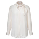 Ivory satin twilly shirt by Lecia featuring a silky, smooth fabric and stylish design, shown on a model.
