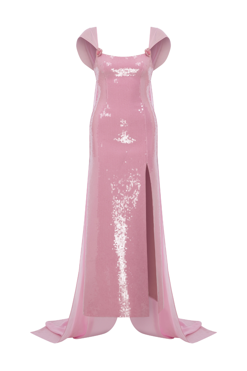 SEQUINED SLIT DRESS WITH CHIFFON 2 PIECE CAPE - CULT MIA