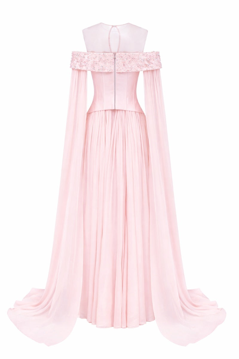 Light pink ISABEAU Royal taffeta and chiffon gown by 21Six, showcasing elegant fabric and flowing design.
