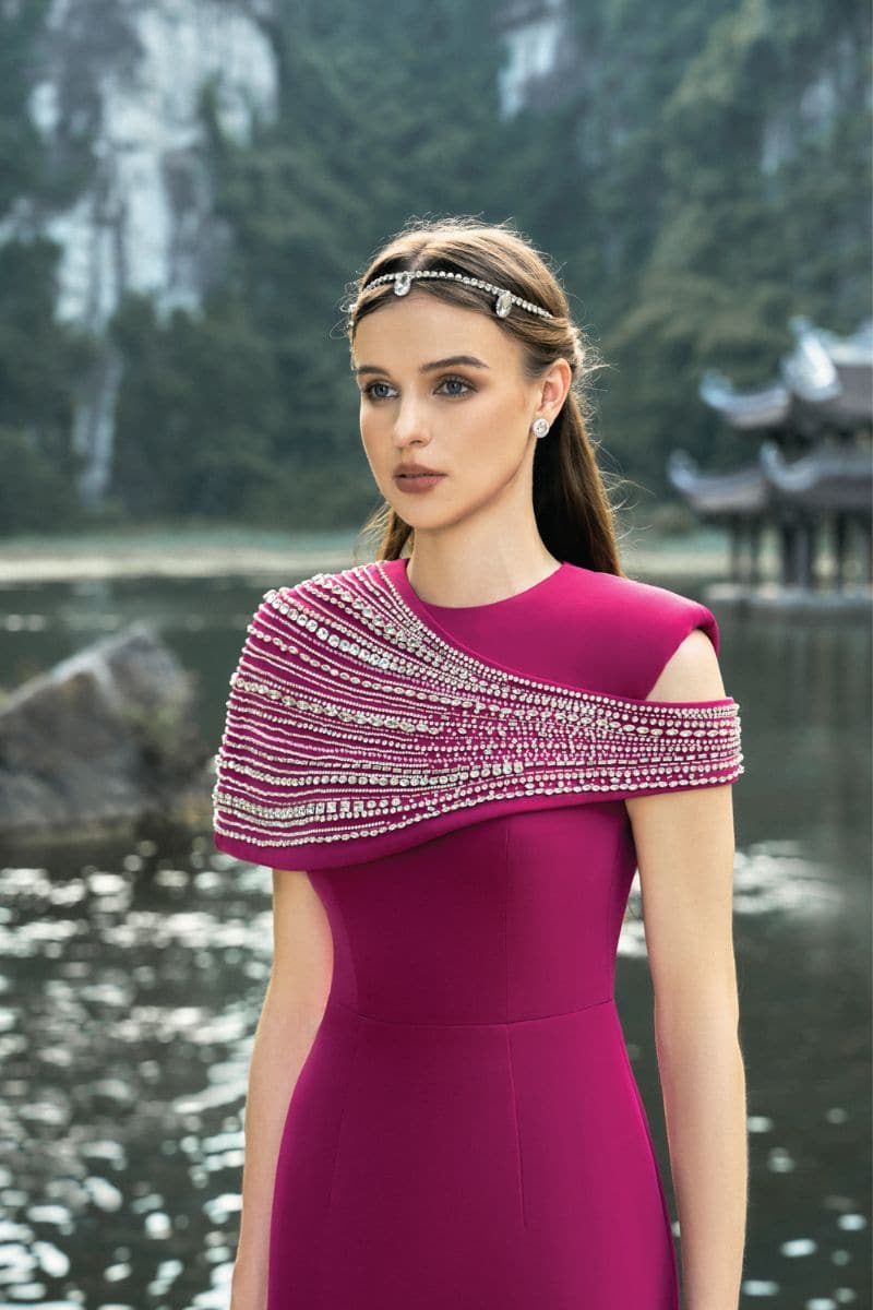 STONE EMBELLISHED ASYMMETRIC CAPE GOWN - CULT MIA