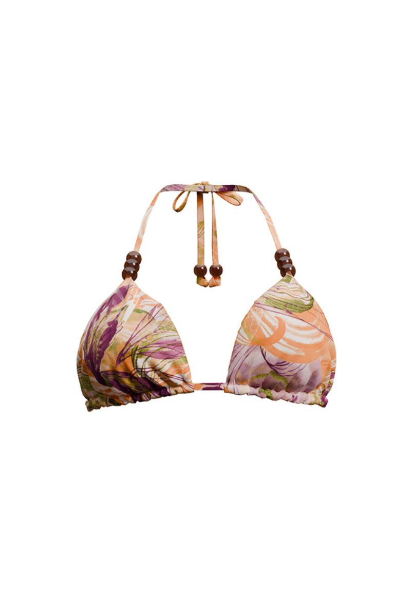 Reversible Andrea Iyamah bikini top in Vibra print with bright gold accents, featuring vibrant patterns and adjustable straps.