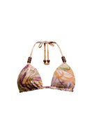 Andrea Iyamah reversible bikini top in Vibra print with bright gold accents, featuring a vibrant, stylish design.