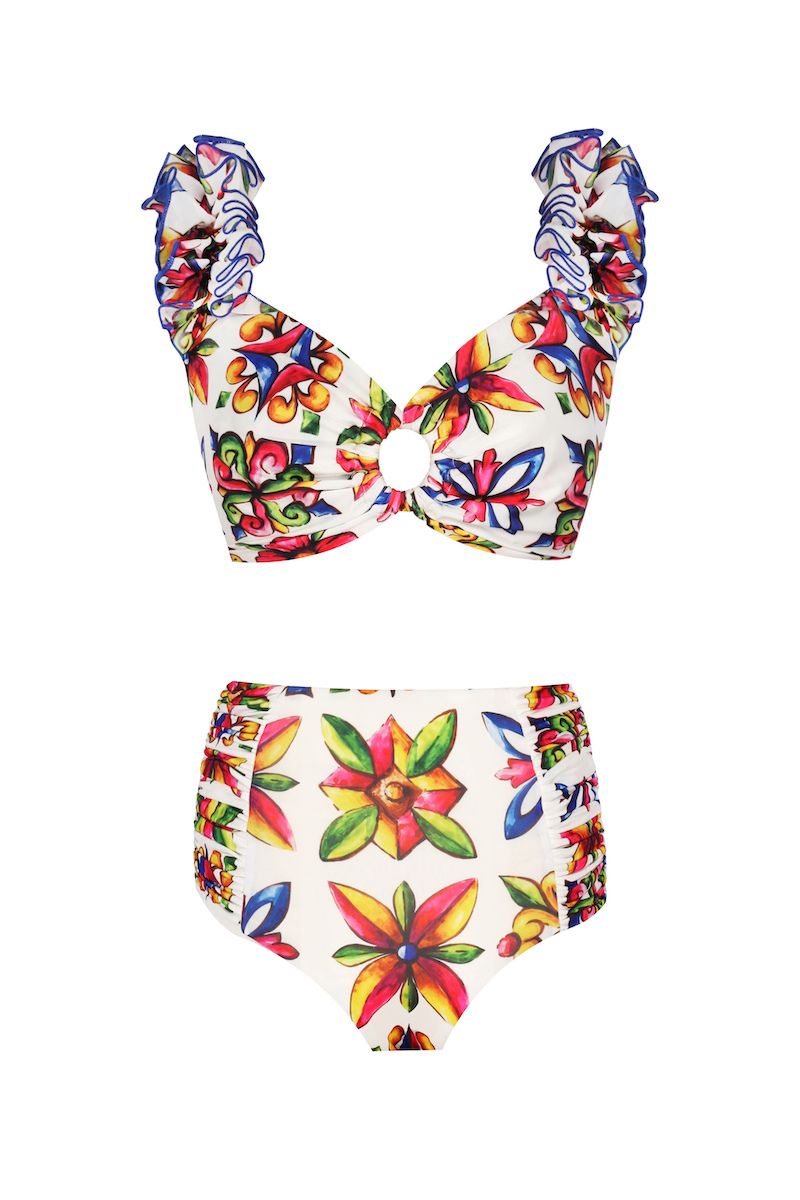Nur Karaata Lily Sicilia bikini set featuring a stylish, colorful bikini with floral patterns on a model.