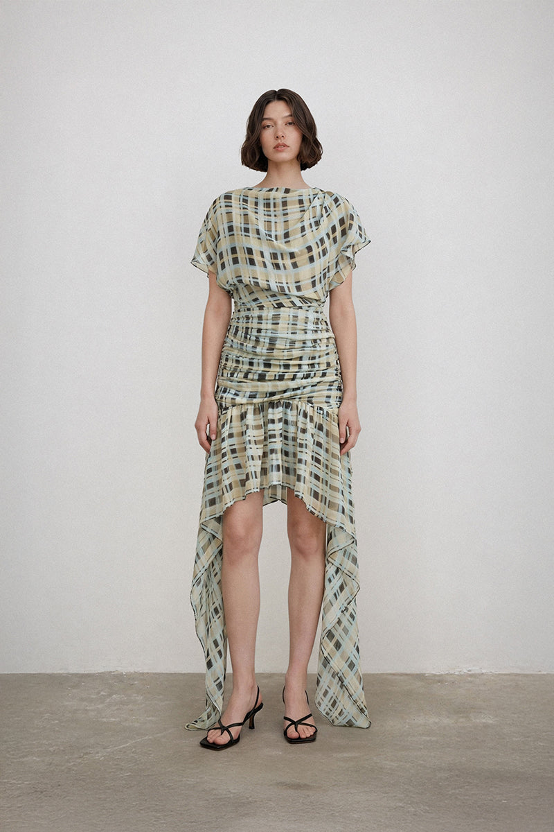 Deme By Gabriella Bluebell Mini Dress featuring a flowy silhouette and vibrant blue fabric, displayed on a mannequin.