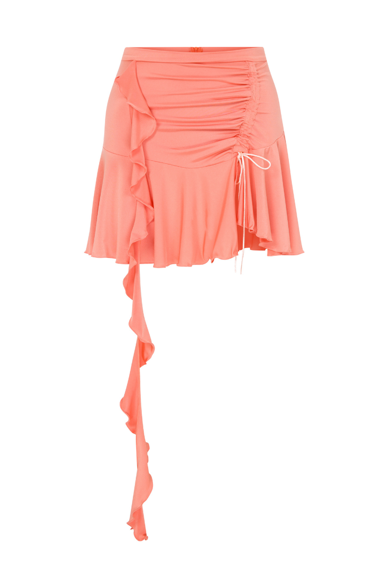 JERSEY MINI SKIRT WITH RUFFLES IN PEACH ORANGE - CULT MIA