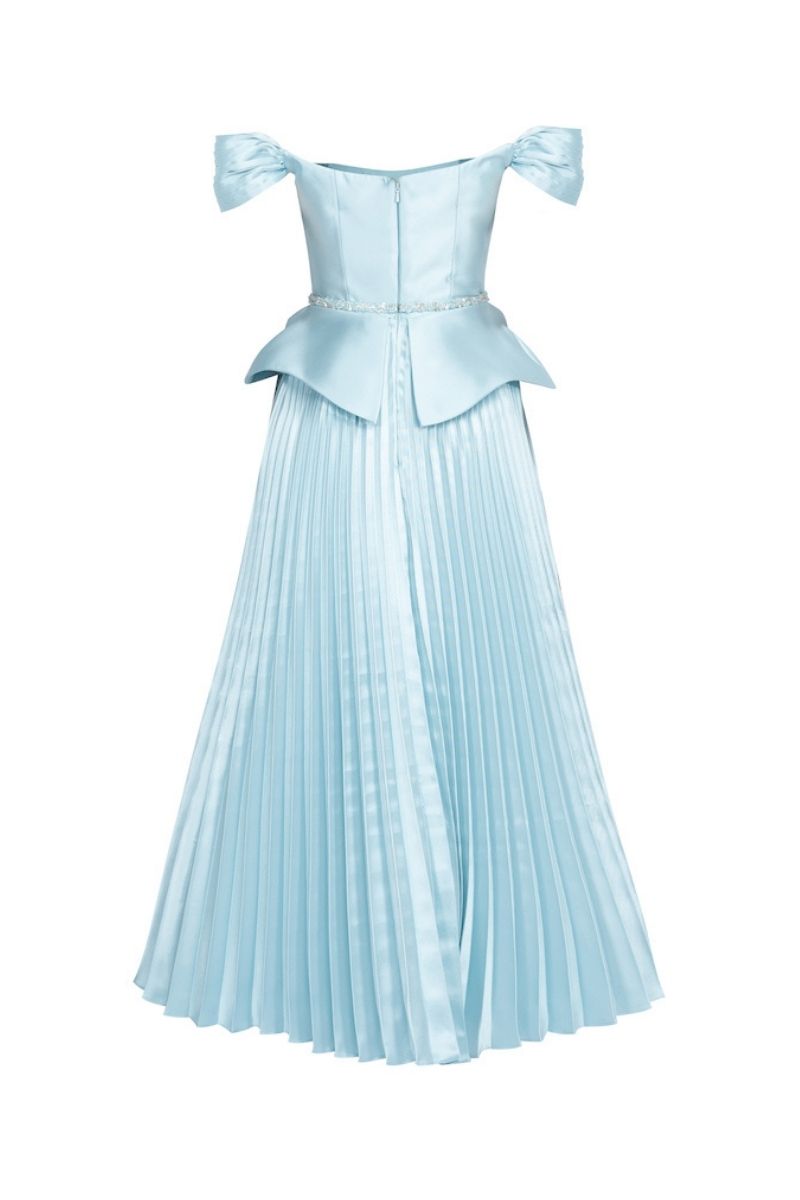 BLUE PEPLUM WAIST PLEATED SKIRT MAXI DRESS - CULT MIA