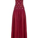 Elegant burgundy Alina gown by LEDIEL featuring a flowing silhouette and intricate detailing, perfect for formal occasions.