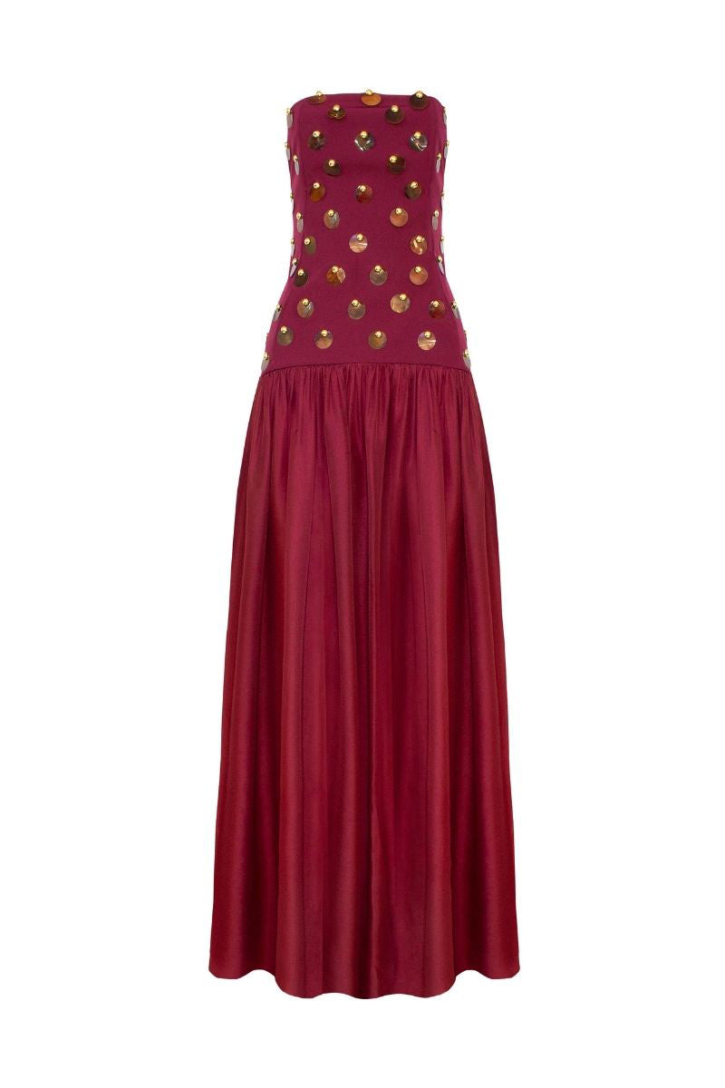 Elegant burgundy Alina gown by LEDIEL featuring a flowing silhouette and intricate detailing, perfect for formal occasions.