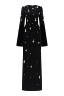 Elegant Tracy Studio gown featuring a round neck and crystal embellishments, displayed on a mannequin.