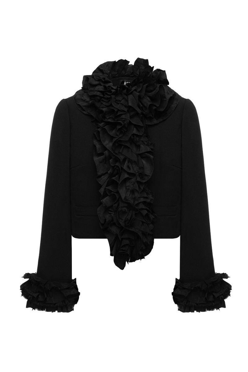 CROP JACKET WITH RUFFLES IN BLACK - CULT MIA