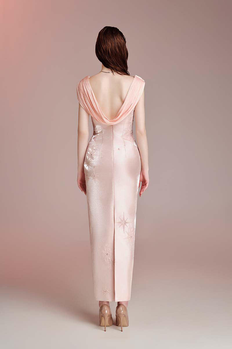 Do Long blush Aurora pink gown with elegant flowing fabric and delicate detailing, perfect for formal occasions.