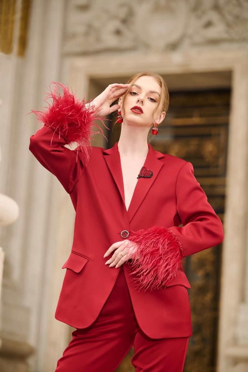 RED KELLY TAFFETA FEATHER SUIT JACKET AND PANTS SET - CULT MIA