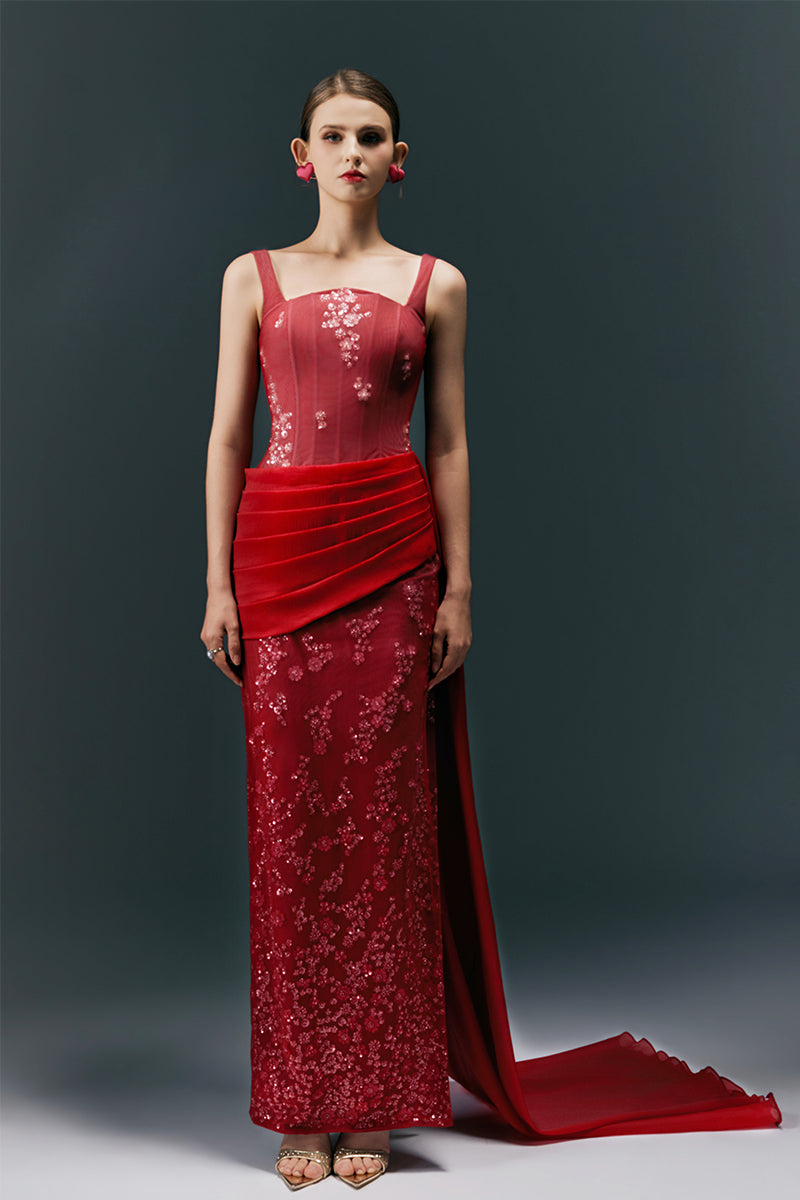 HAPPY CLOTHING CULT MIA X burgundy square neck long gown with long sleeves and elegant design, perfect for formal occasions.
