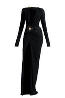 Deme By Gabriella Aldona black maxi dress with flowing fabric and sleeveless design, perfect for elegant occasions.