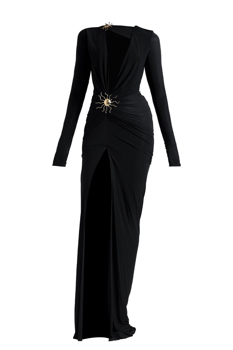 Deme By Gabriella Aldona black maxi dress with flowing fabric and sleeveless design, perfect for elegant occasions.