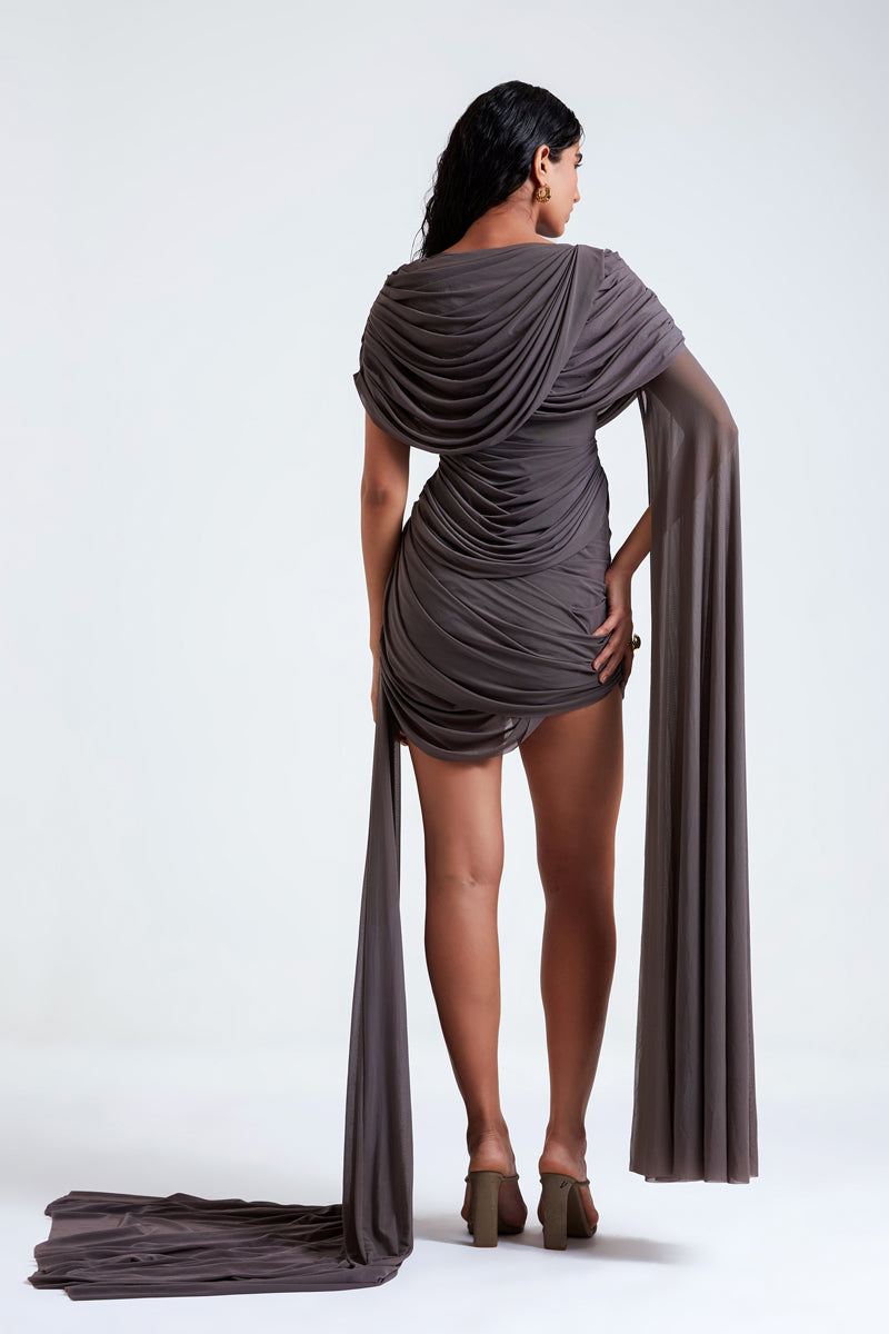 Deme By Gabriella Eliana purple dove mini dress with short sleeves and fitted silhouette, displayed on a model.