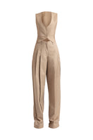 Deme By Gabriella Masha Desert Tan three-piece co-ord suit set with matching top, pants, and blazer, styled for a chic desert look.