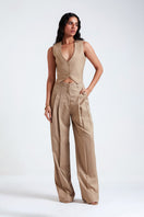 Deme By Gabriella Masha Desert Tan three-piece co-ord suit set with matching top, trousers, and blazer on a neutral background.