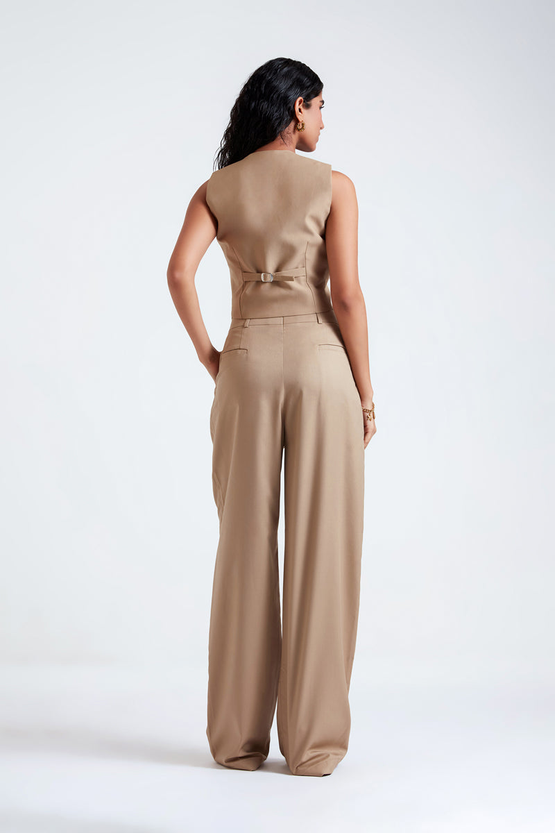 Deme by Gabriella Masha Desert Tan three-piece co-ord suit set with matching top, trousers, and blazer, styled for a chic look.