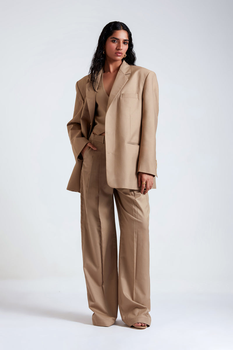 Deme by Gabriella Masha Desert Tan three-piece co-ord suit set with matching top, trousers, and blazer, styled for a sophisticated look.