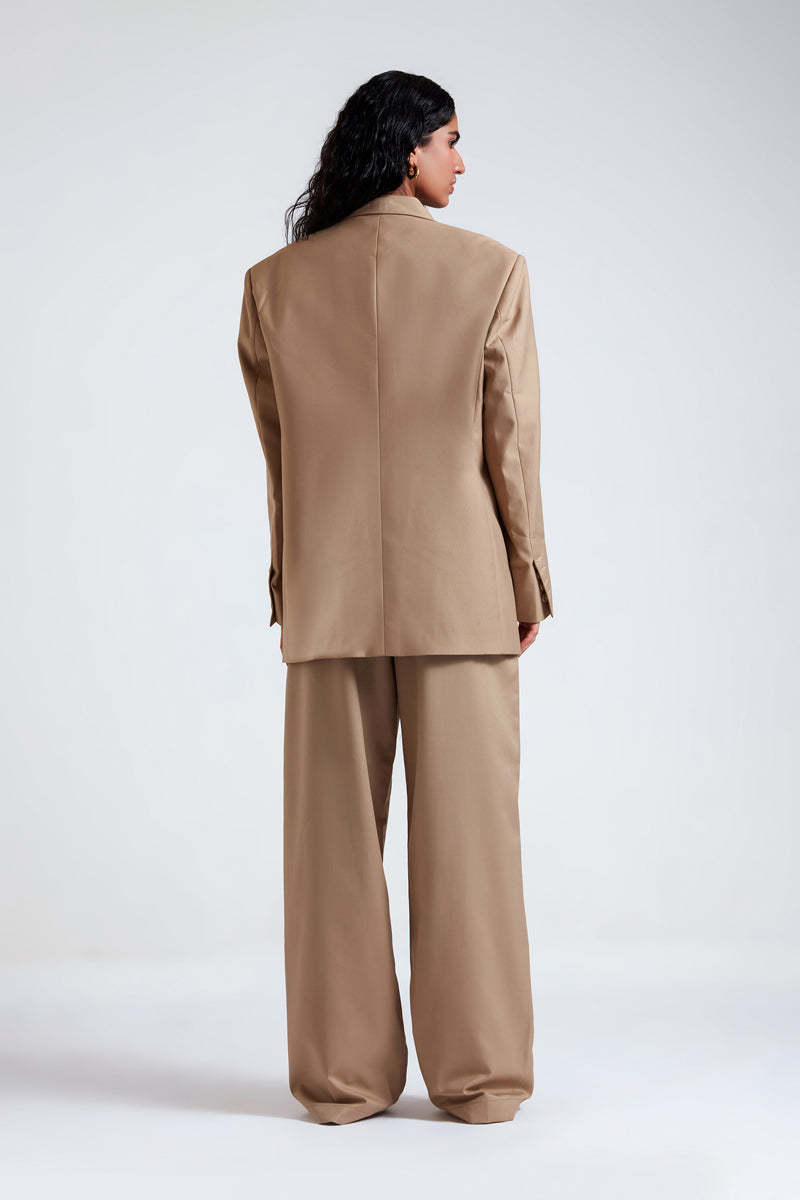 Deme by Gabriella Masha Desert Tan three-piece co-ord suit set, featuring a top, trousers, and jacket in a neutral desert tan color.