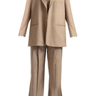 Deme By Gabriella Masha Desert Tan three-piece co-ord suit set featuring a crop top, high-waisted pants, and matching blazer.