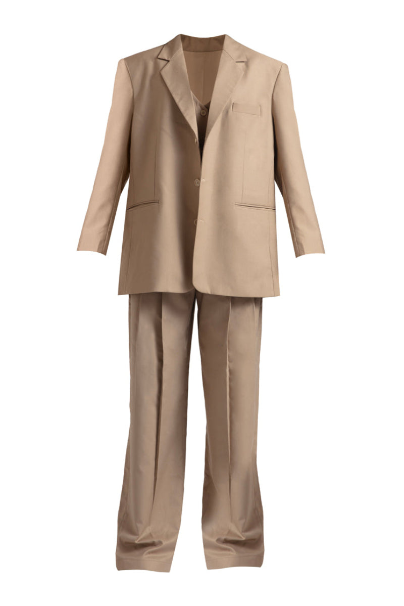 Deme By Gabriella Masha Desert Tan three-piece co-ord suit set featuring a crop top, high-waisted pants, and matching blazer.