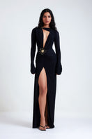 Deme By Gabriella Aldona black maxi dress with flowing fabric and sleeveless design, perfect for elegant occasions.
