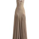 Deme by Gabriella Berta French Gray gown displayed on a hanger, featuring elegant fabric and flowing design.