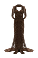 White Plan Sedley brown gown with elegant draping and long sleeves, showcased on a model for sophisticated evening wear.