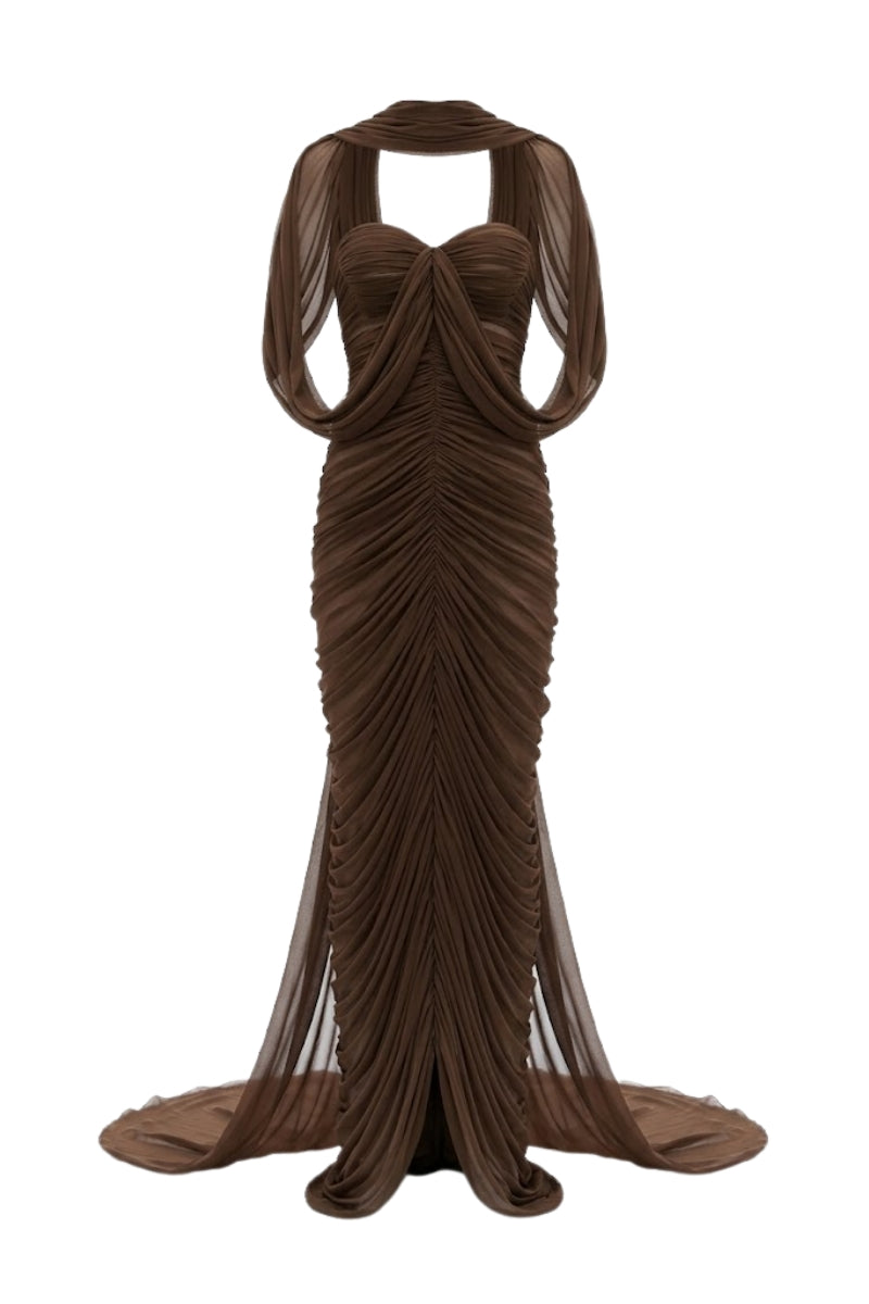 White Plan Sedley brown gown with elegant draping and long sleeves, showcased on a model for sophisticated evening wear.