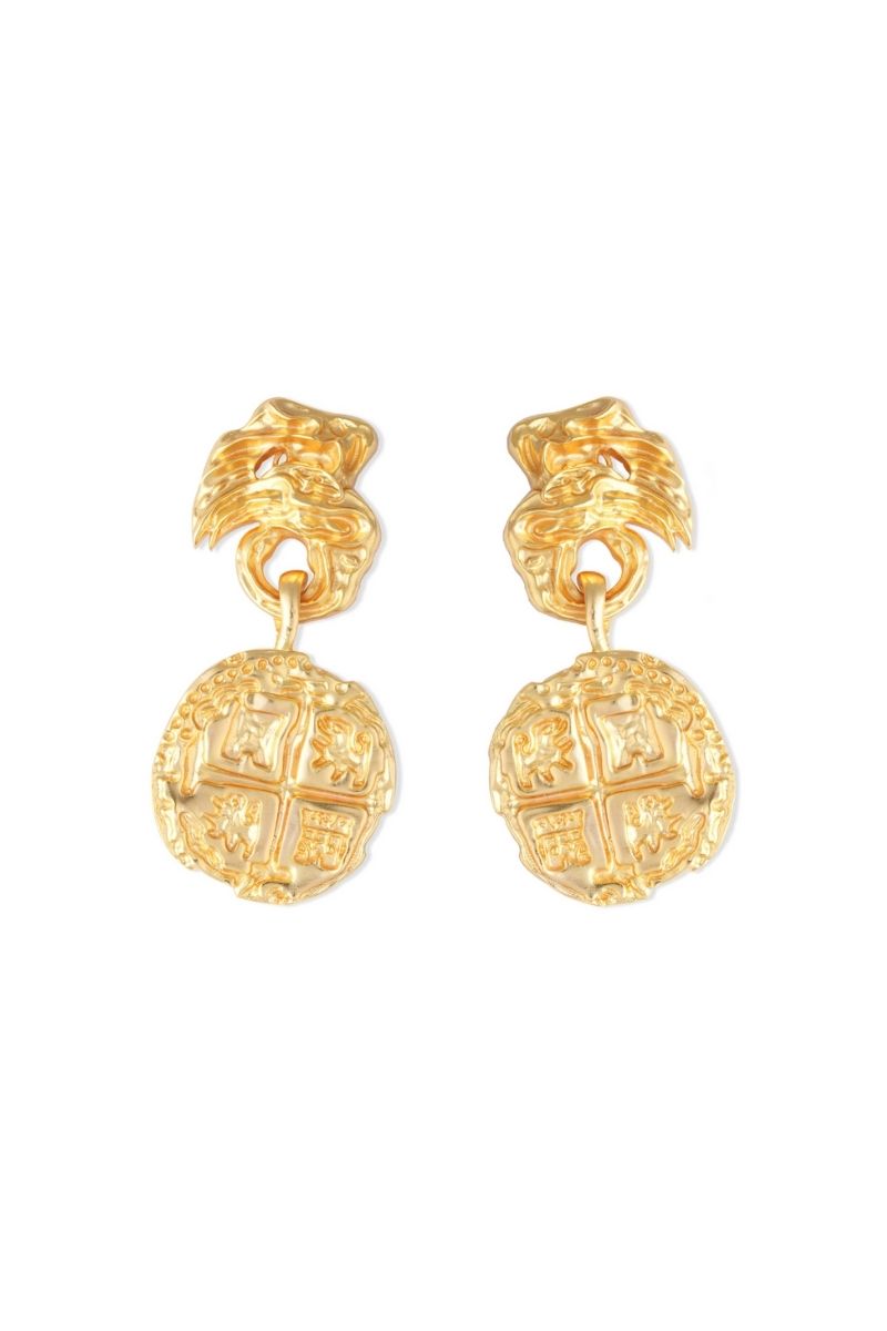 Anatina medallion earrings with intricate circular design, hanging from delicate hooks, made of silver-tone metal.