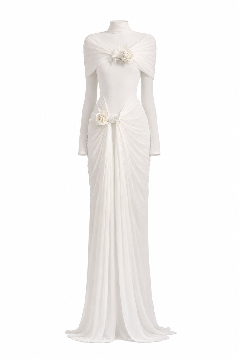 White Plan Jacqueline gown with elegant design, flowing fabric, and intricate details perfect for formal occasions.