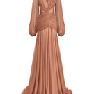 Brown V-neck long-sleeve maxi dress by CEM, flowing fabric, and full-length design shown on a model.