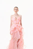Elegant blooming blush rose tiered gown by Happy Clothing featuring flowing fabric and floral details for special occasions.