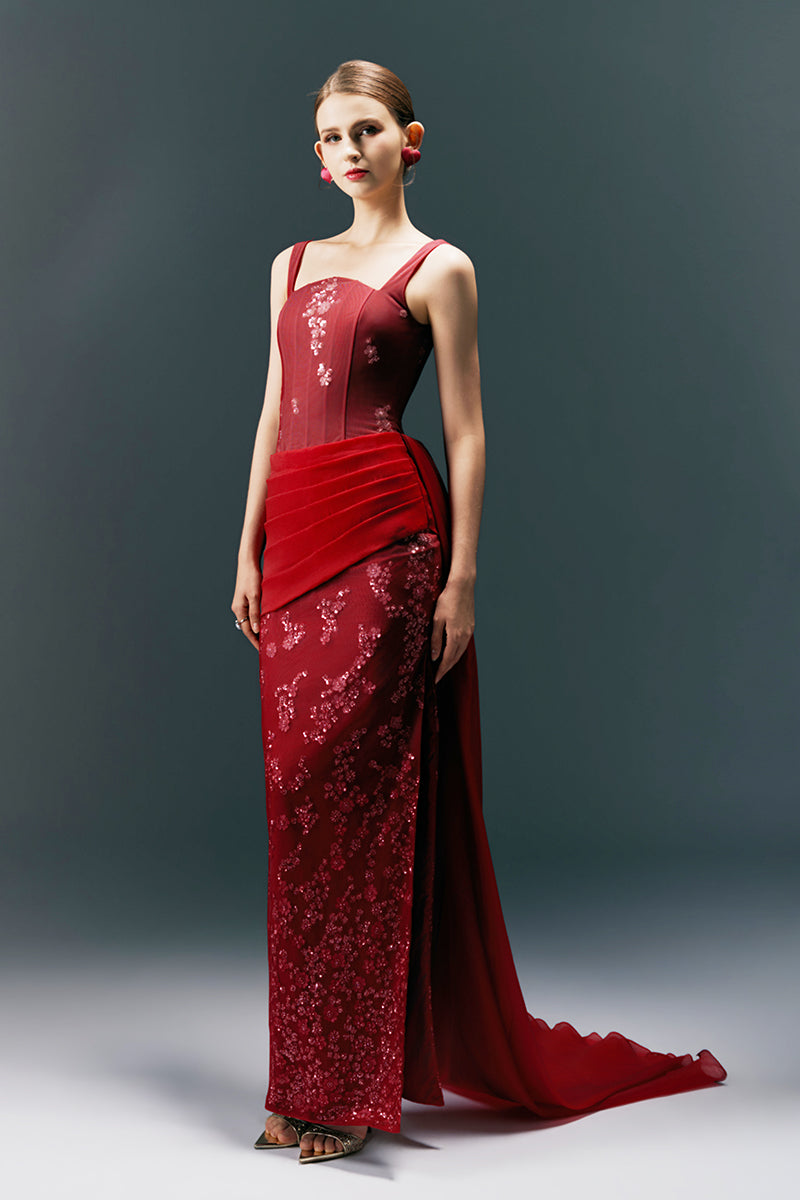 HAPPY CLOTHING CULT MIA X Burgundy square neck long gown with flowy fabric and elegant design on a model.