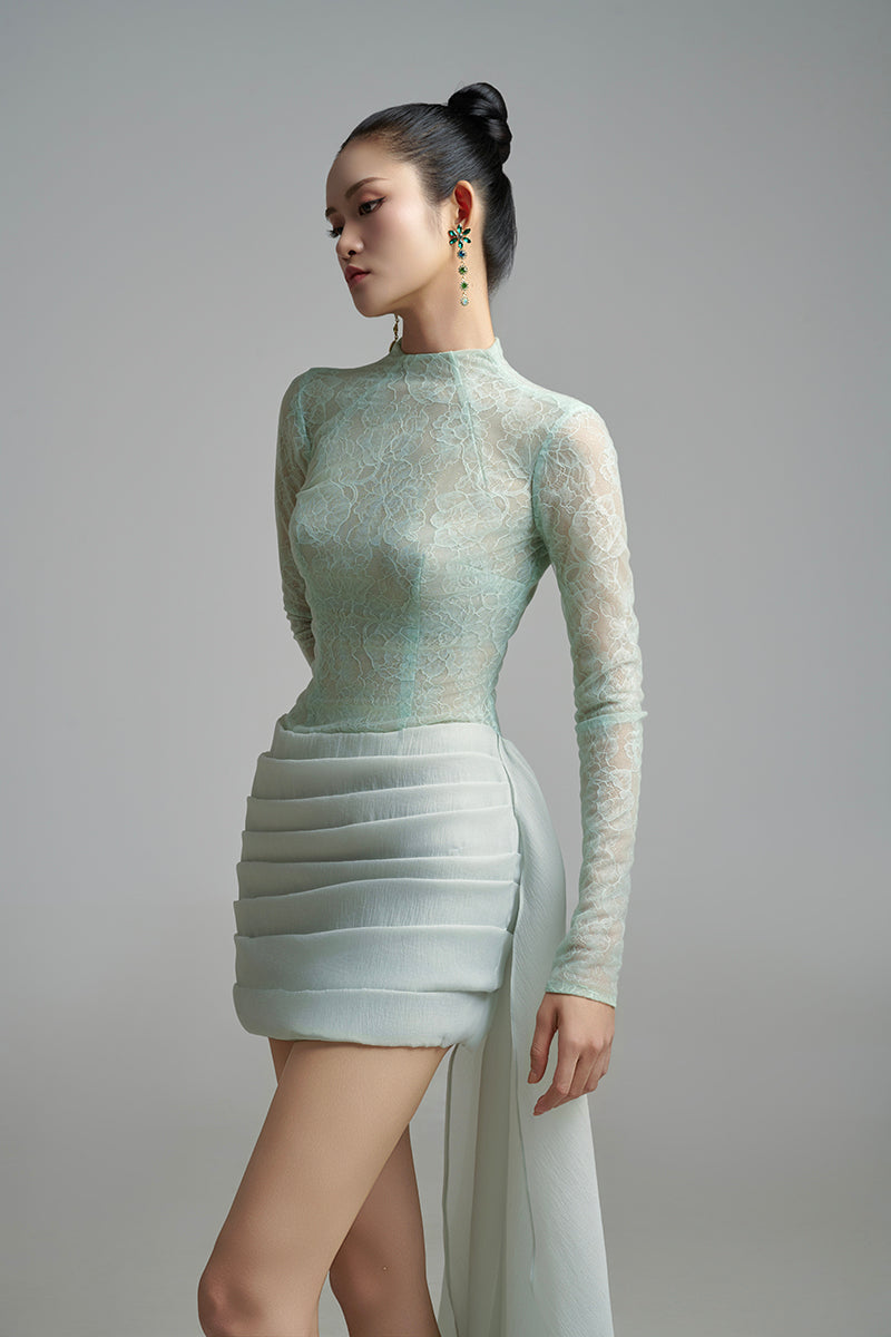 BODYCON LONG SLEEVED ORGANZA MINI DRESS - CULT MIA