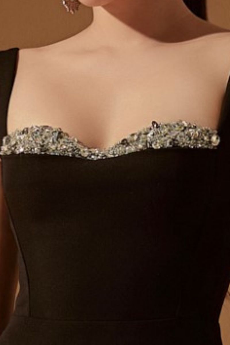 Black Jensen crystal bodycon gown by 21Six, featuring a fitted silhouette with sparkling crystal embellishments, stylish evening wear.