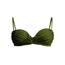 Andrea Iyamah Makena fringe bikini top in olive green with fringe details and adjustable straps, styled on a model.