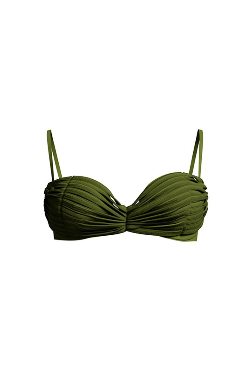 Andrea Iyamah Makena fringe bikini top in olive green with fringe details, shown on a model.