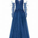 Dark blue Muriel glitter tulle gown by 21Six with matching gloves, elegant evening dress with shimmering fabric and intricate design.