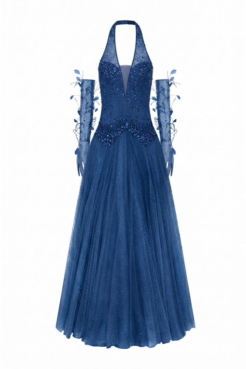 Dark blue Muriel glitter tulle gown by 21Six with matching gloves, elegant evening dress with shimmering fabric and flowing silhouette.