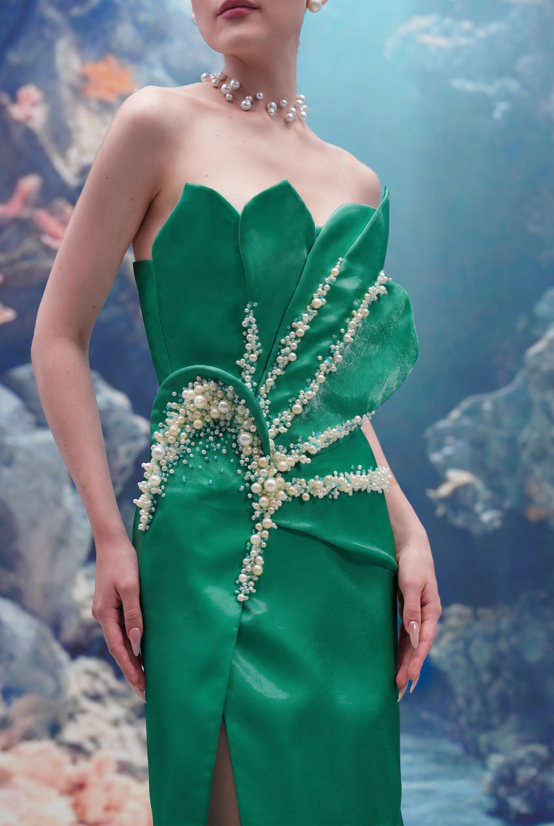 Emerald green Sirena Water Silk Taffeta gown by 21Six, elegant floor-length dress with a flowing silhouette and luxurious fabric.