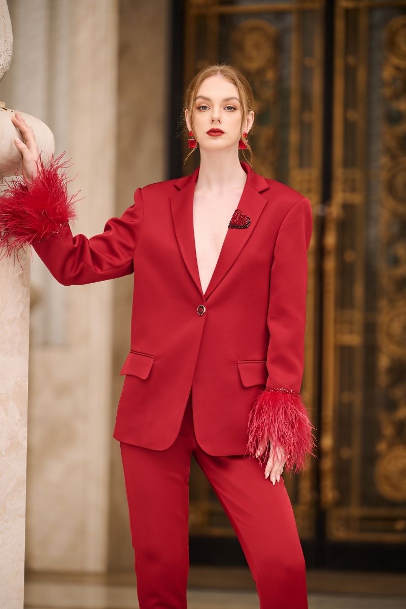 RED KELLY TAFFETA FEATHER SUIT JACKET AND PANTS SET - CULT MIA