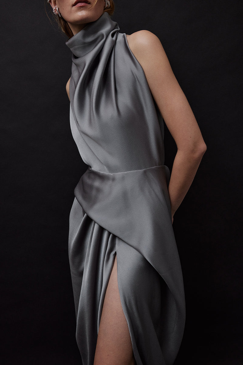 GRAY HALTERNECK SATIN CREPE MAXI DRESS | CULT MIA | TAGG GRAY HALTERNECK SATIN CREPE MAXI DRESS | CULT MIA | TAGG