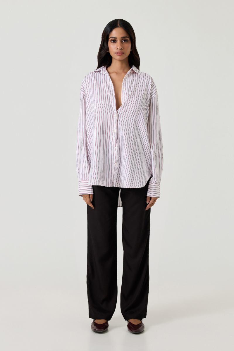 Summer Away Ravenna shirt in burgundy stripe, men's casual shirt with long sleeves and button-up front.