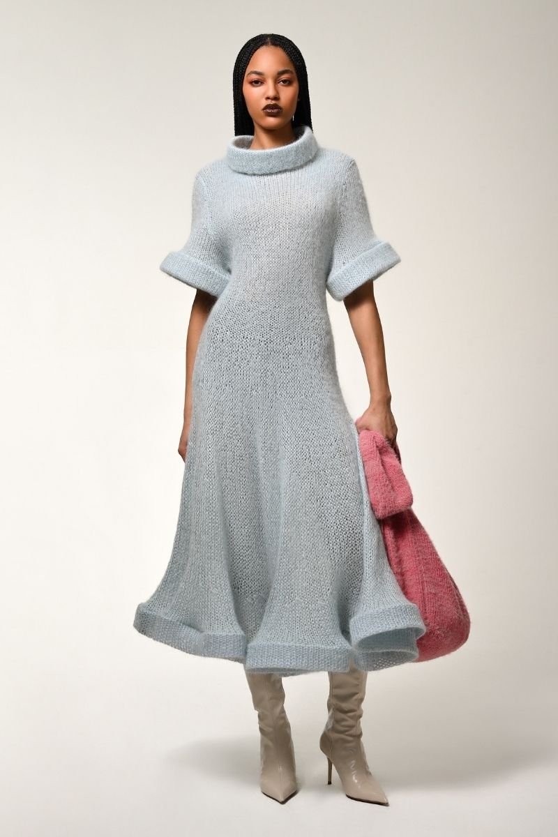 Sky blue draped midi dress by Lalo, flowing maxi dress with elegant fabric and a flattering silhouette.
