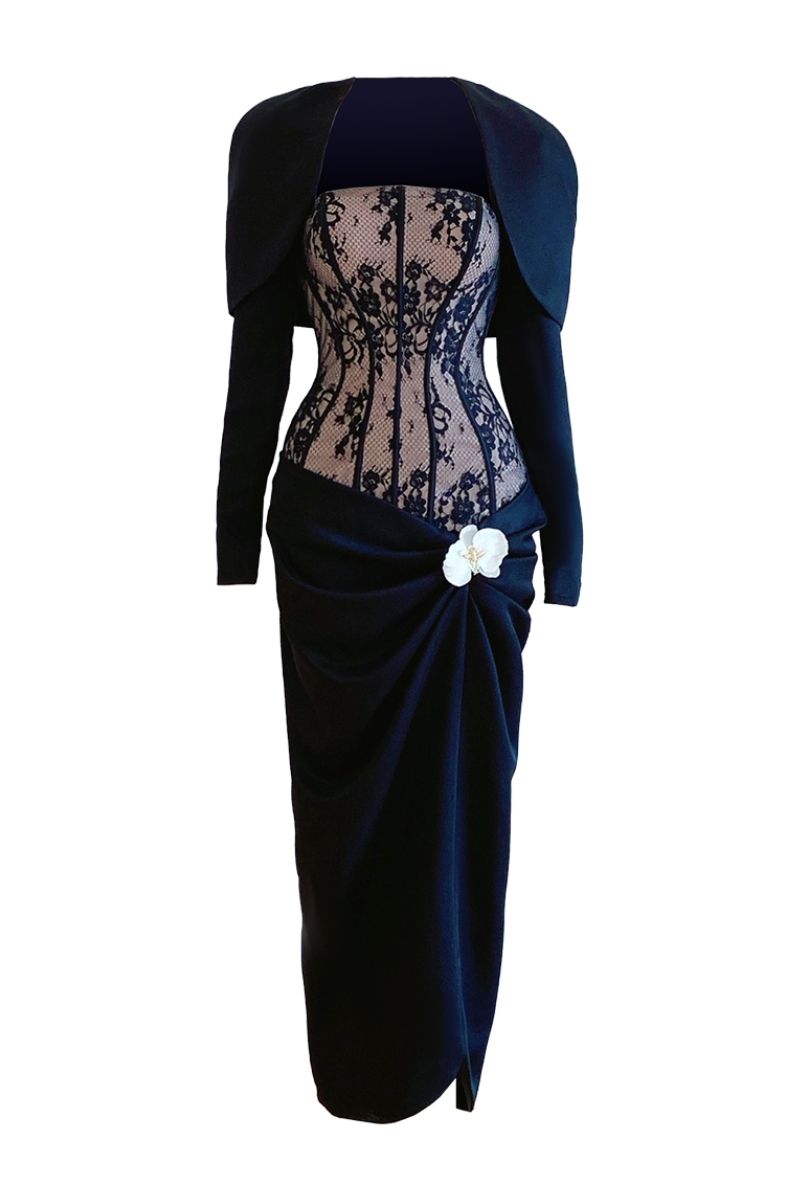 BLACK WAIST-CINCHED ORCHID AND CORSET SHIRT MIDI DRESS - CULT MIA