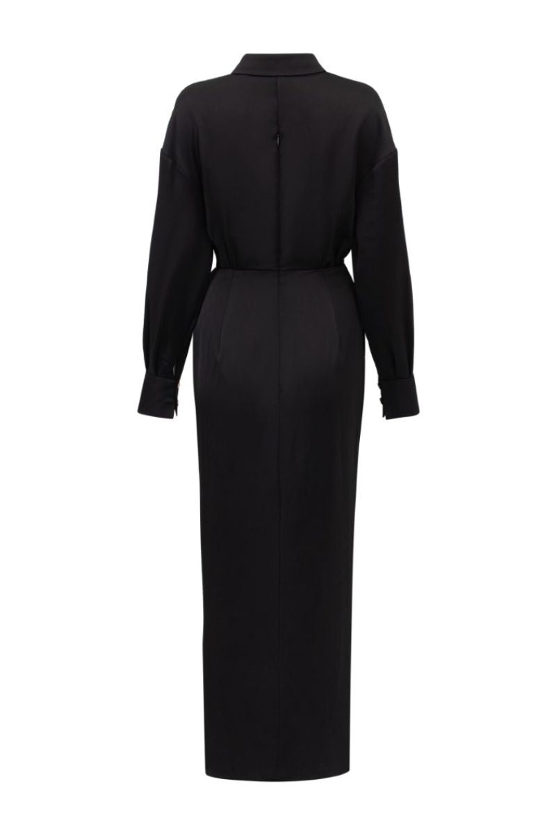 EIRA BLACK SILK SATIN PLEATED MIDI DRESS - CULT MIA