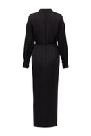 Black silk satin pleated midi dress by 21Six, flowing fabric with elegant pleats, showcasing a sophisticated and stylish look.